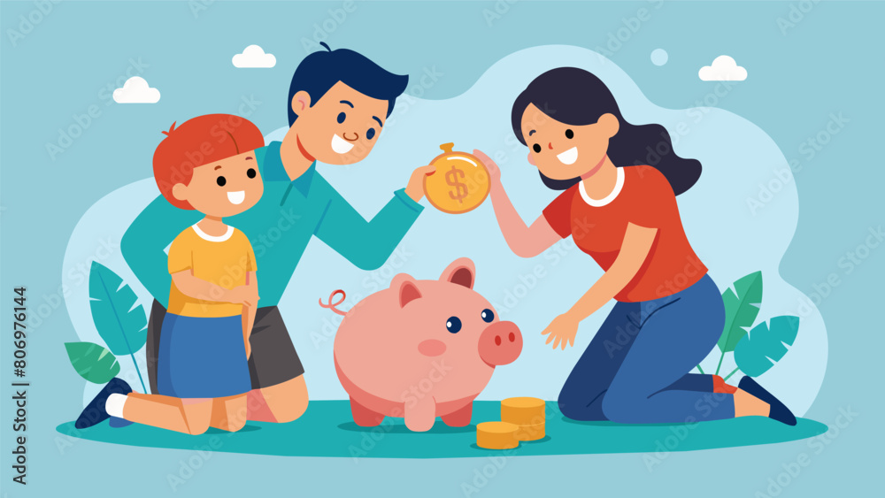 A mother and father placing a coin into a piggy bank while their child excitedly looks on depicting the idea of involving children in the process of. Vector illustration A mother and father placing a coin into a piggy bank while their child excitedly looks on depicting the idea of involving children in the process of. Vector illustration