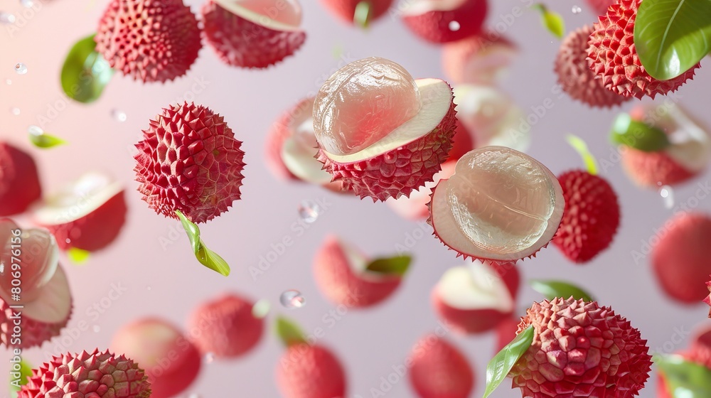 Photorealistic poster showcasing lychee slices in midair, each piece detailed and spaced against a backdrop of significant negative space Photorealistic poster showcasing lychee slices in midair, each piece detailed and spaced against a backdrop of significant negative space