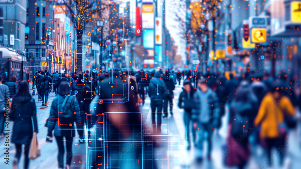 Busy urban street scene with pedestrians overlaid with digital facial recognition technology interfaces.
