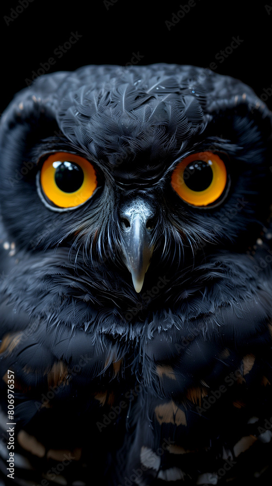 A black owl with yellow eyes is staring at the camera A black owl with yellow eyes is staring at the camera