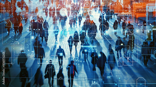 Futuristic depiction of a crowded urban scene with digital overlays, emphasizing advanced technology and data analytics in a bustling environment.