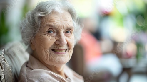 cheerful senior woman sitting in daylight at care home blurred people background lifestyle photography