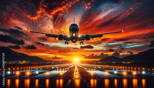 An airplane landing during sunset, capturing the airplane head-on with its landing gear deployed and lights illuminated photo