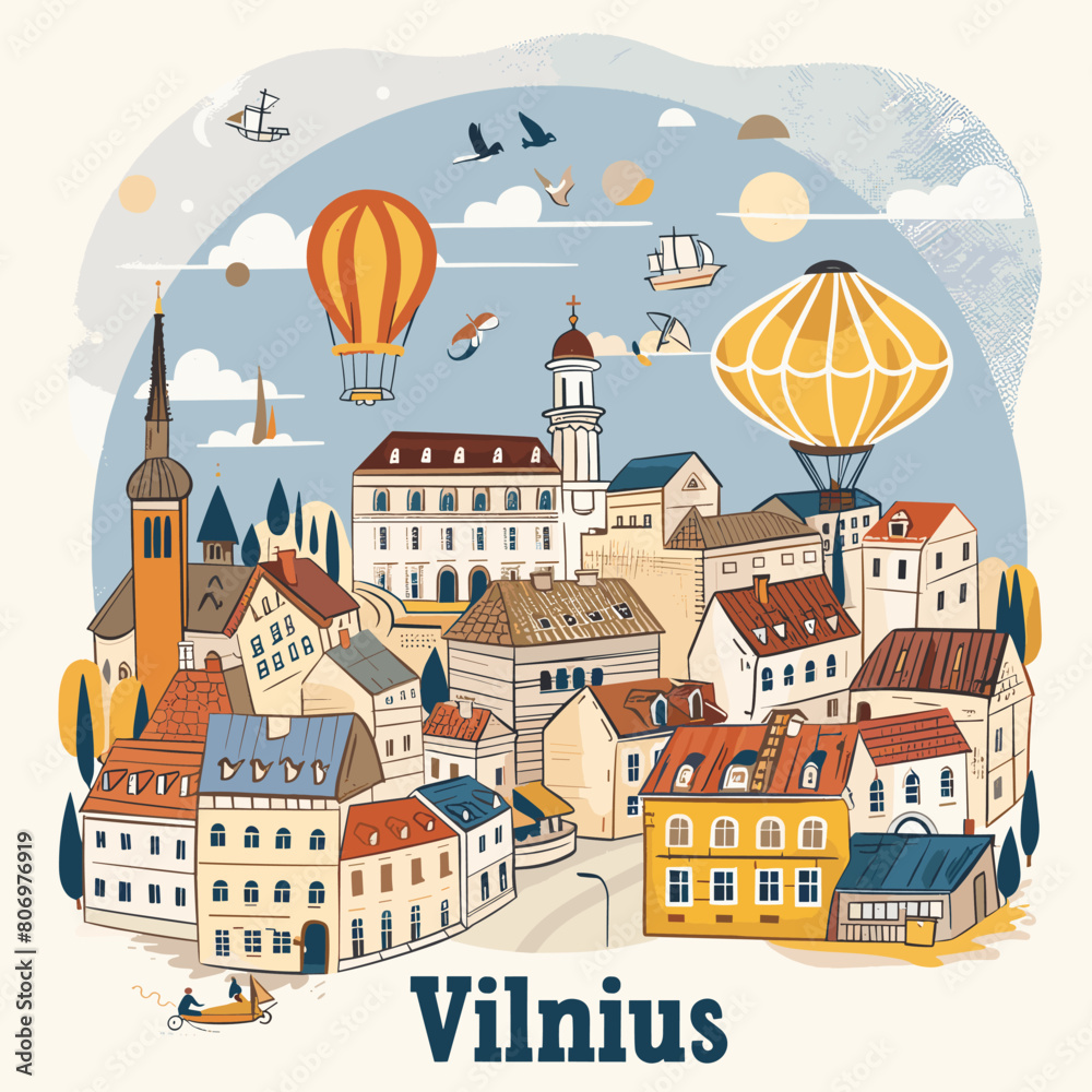 A colorful drawing of a city with a yellow balloon in the sky. The city is called Vilnius