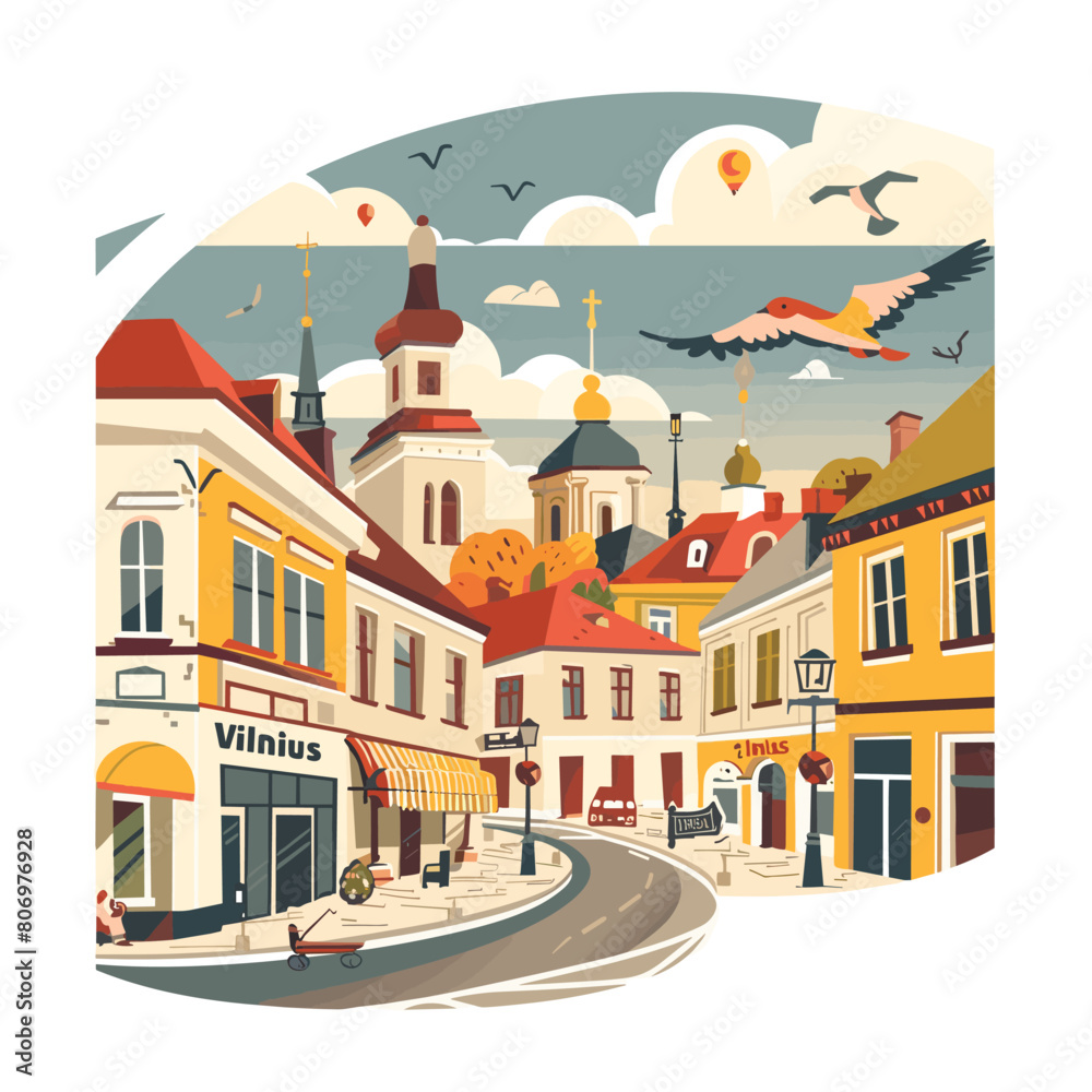 A city street with a building that says Vilnius. There are several birds flying in the sky