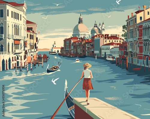 A woman is standing on a pier next to a boat. The scene is set in Venice, Italy, with a beautiful canal and buildings in the background. The woman is wearing a hat and a skirt