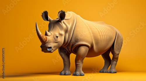 A powerful white rhinoceros stands proudly on a vibrant yellow background