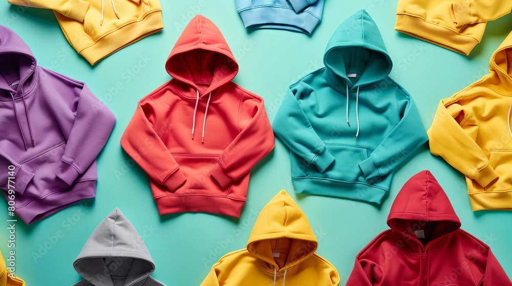 colorful hoodies scattered on vibrant background fashion flat lay concept colorful hoodies scattered on vibrant background fashion flat lay concept