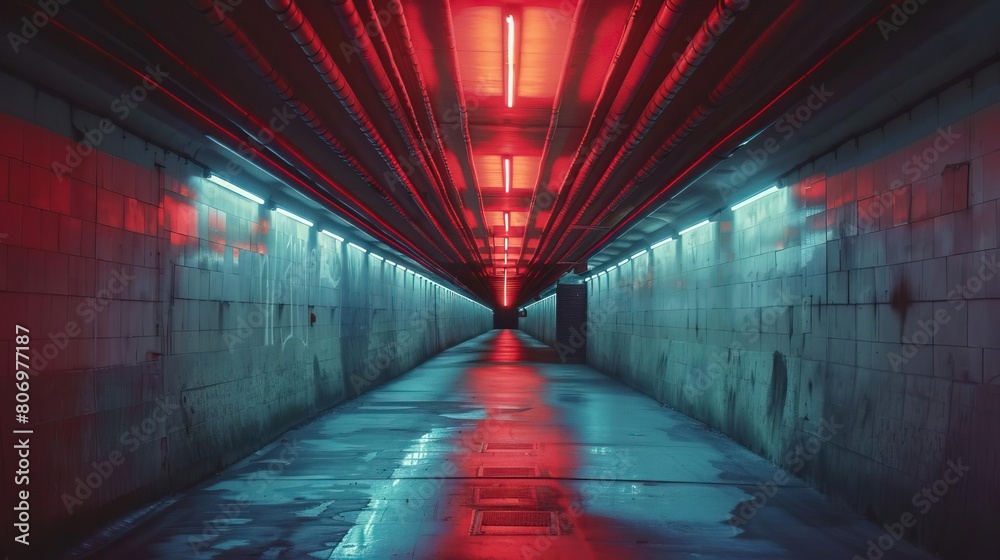 dark tunnel with red and blue lights. The tunnel is wet and there is a red line painted on the ground.