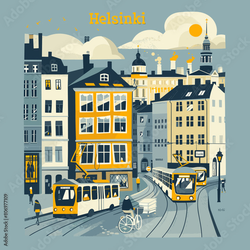 A Helsinki city street with a yellow building and a yellow and white trolley. The trolley is pulling a cart with a man on it. There are also two bicycles on the street