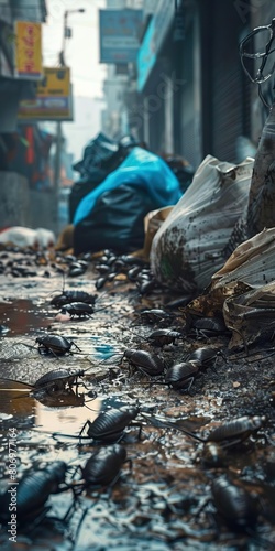 The photo shows a very dirty and messy street with a lot of trash and debris on the ground.