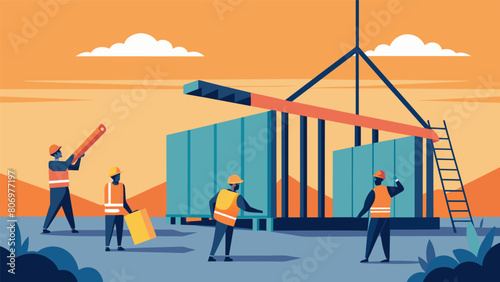 In the early morning hours workers begin the process of assembling prefabricated steel walls efficiently constructing the frame of a warehouse.. Vector illustration