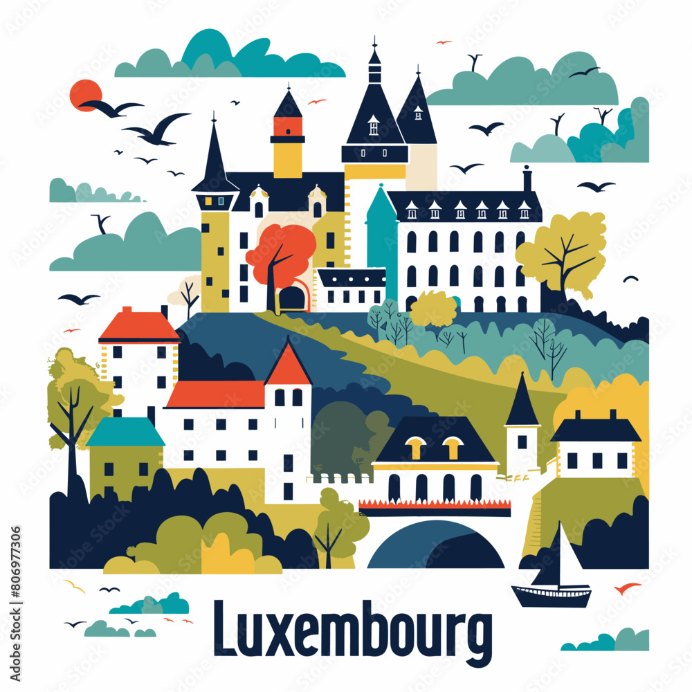 A colorful drawing of a city with a bridge and a boat. The city is called Luxembourg A colorful drawing of a city with a bridge and a boat. The city is called Luxembourg