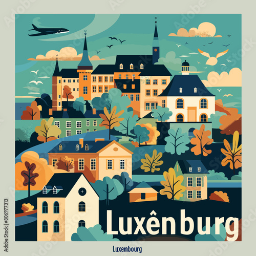 A colorful painting of a town with a plane flying over it. The town is called Luxenburg © whitecityrecords