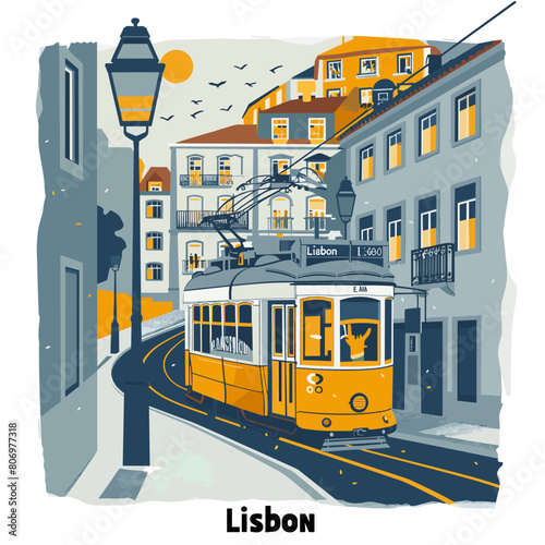 A tram is traveling down a street in Lisbon. The tram is yellow and is the main focus of the image. The street is lined with buildings, and there are several people walking around