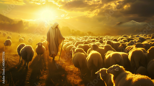 A shepherd in a flowing robe guides a flock of sheep at sunset in a scenic grassland setting. © Natalia