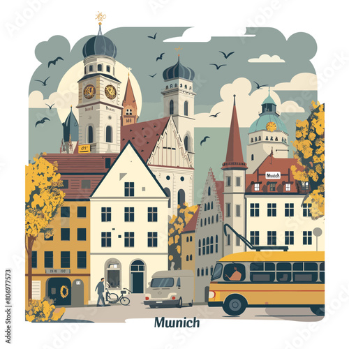 A cityscape of Munich with a bus and a bicycle. The city is full of buildings and has a clock tower