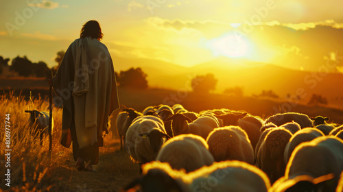 Shepherd with a stick walking among a flock of sheep at sunset in a pastoral landscape. photo