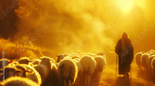 A shepherd walks with a flock of sheep in a golden sunset, surrounded by light and mist.