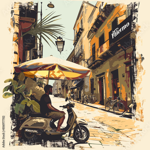 A man is riding a scooter down a street with a large umbrella over his head. The scene is set in a Palermo city with a mix of old and new buildings. The man is wearing a black shirt and shorts