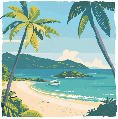 A painting of a Seychelles beach with palm trees and a boat in the water. The mood of the painting is peaceful and relaxing
