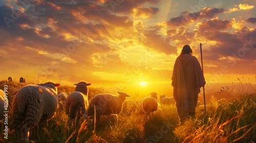 A shepherd walking amidst a flock of sheep in a grassy field during a picturesque sunset. #806977993