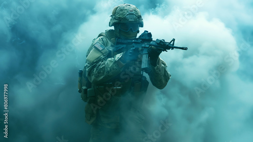 A fully equipped soldier in tactical gear holding a rifle amid a dense cloud of smoke. © Natalia