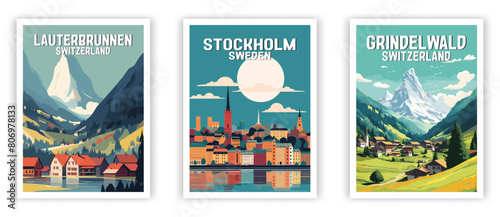 Stockholm, Grindelwald, Lauterbrunnen Illustration Art. Travel Poster Wall Art. Minimalist Vector art