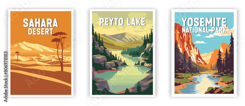 Sahara Desert, Peyto Lake, Yosemite Illustration Art. Travel Poster Wall Art. Minimalist Vector art photo