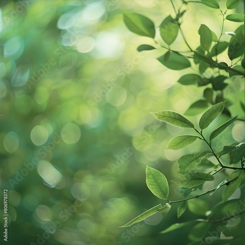 Close-Up of Tree Branch with Lush Green Leaves on Green Blur Background with Copy Space © Mehak