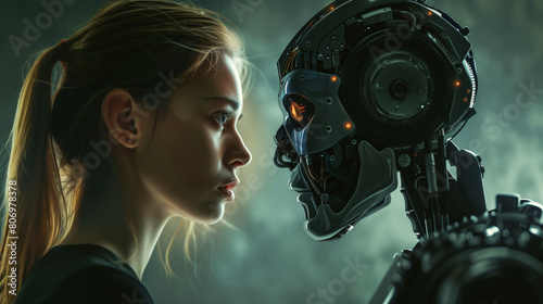 Close-up portrait of a young woman facing a highly detailed robotic head in a moody setting.