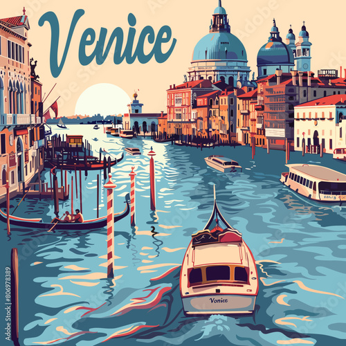 Venice is a city with a lot of water and boats. The sun is setting, creating a beautiful atmosphere