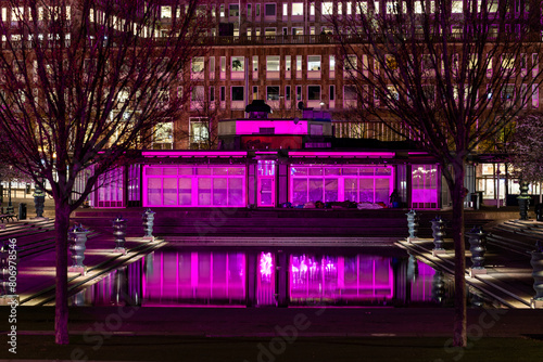 Stockholm, Sweden  The reflection of a landmark building in the  Kungstradgarden park at night during the springtime cherry blossom season in Forumdammen.