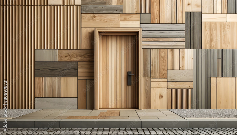 The architectural that showing a textured wooden wall made of various shades and sizes of wood planks, with a simple wooden door