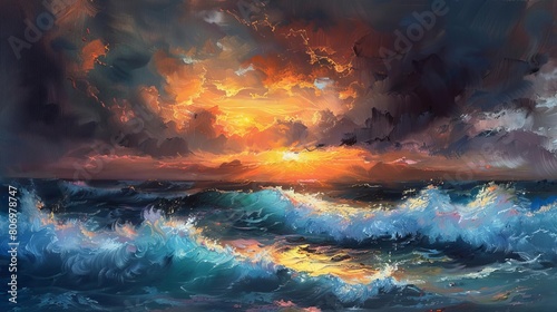 dramatic stormy ocean sunset with crashing waves and moody skies seascape oil painting