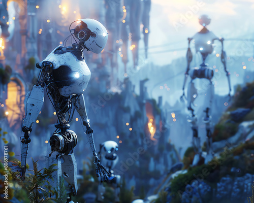 Craft a dynamic scene of robotic protagonists wandering through a surreal landscape photo