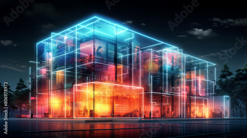 A modern office building, holographic blueprint