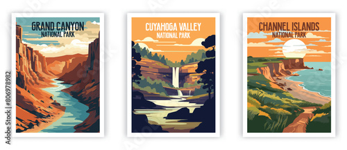 Grand Canyon, Cuyahoga Valley, Channel Islands Illustration Art. Travel Poster Wall Art. Minimalist Vector art