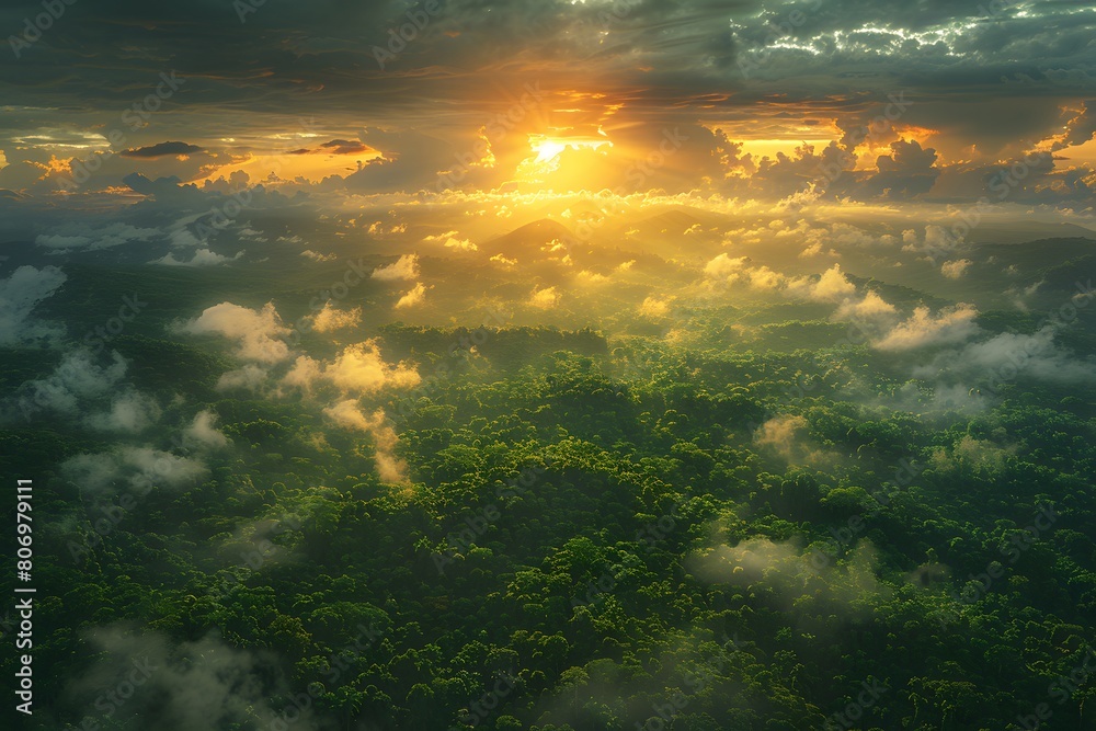Majestic Sunrise Over Lush Green Forest with Clouds and Sunrays