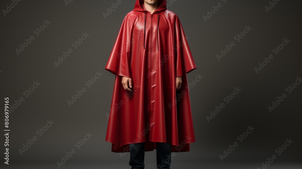 A man in a red raincoat stands boldly against a mysterious dark background