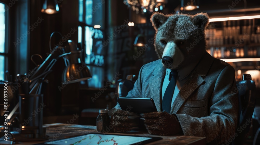 Creative portrayal of a distressed bear in a suit, seated at a table in a dimly lit room, deeply engrossed in stock market charts on a tablet