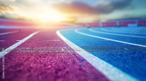colorful athletic running track purple and blue lanes in the stadium photo
