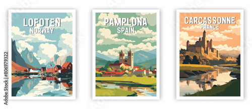 Pamplona, Lofoten, Carcassonne Illustration Art. Travel Poster Wall Art. Minimalist Vector art