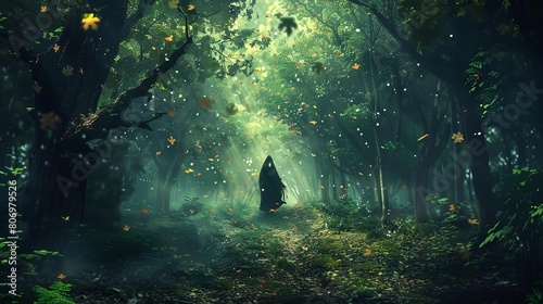 enchanted forest with flying leaves surrounding a mystical figure fantasy concept art