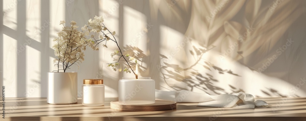 The image shows a still life of three white vases on a wooden table against a beige background The image shows a still life of three white vases on a wooden table against a beige background