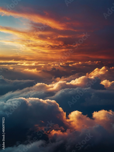 Experience a transcendent moment, an abstract illustration of sunset hues above billowing clouds, presented in an extra-wide format, embodying the concept of hope and the divine in the heavens.