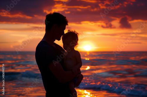 Silhouettes of joyful father and son at sunset on the beach