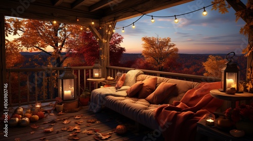 room at night in winter Fall-themed patio with a big comfy couch and a big fluffy rug.