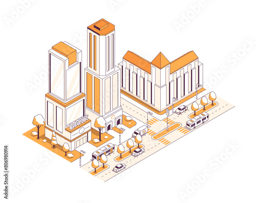 Banking and stock exchange building - vector isometric illustration. Financial center of the city, busy highway with cars, bus, traffic lights and pedestrian crossings. Modern architecture idea © Boyko.Pictures