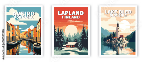Lake Bled, Aveiro, Lapland Illustration Art. Travel Poster Wall Art. Minimalist Vector art